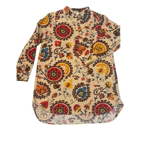 Emery Rose Tan Colorful Floral Boho Bohemian Long Sleeve Tunic Women Size Small - Picture 2 of 12